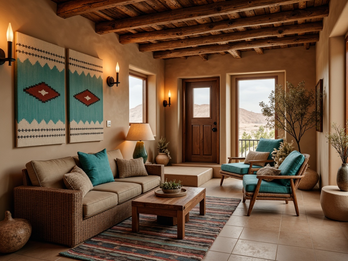 Prompt: Vibrant turquoise accents, rustic wooden furniture, woven Navajo blankets, geometric patterned rugs, plush sheepskin throws, earthy terracotta pots, natural fiber upholstery, adobe-inspired architecture, warm sandy beige walls, cozy candlelit ambiance, soft warm lighting, shallow depth of field, 3/4 composition, panoramic view, realistic textures, ambient occlusion.