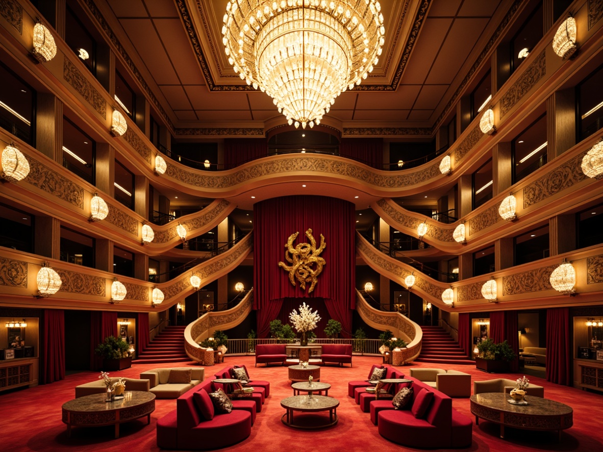 Prompt: Luxurious opera house interior, grand chandelier, velvety red carpet, golden accents, ornate details, sweeping staircases, plush velvet seating, crystal glass tables, marble countertops, rich wood paneling, dramatic lighting effects, warm ambient glow, shallow depth of field, 1/1 composition, symmetrical balance, opulent fabrics, intricate patterns, curved lines, modern minimalist touches, acoustic soundproofing systems, ergonomic design, comfortable lounge areas, intimate gathering spaces, grandiose ceiling heights.