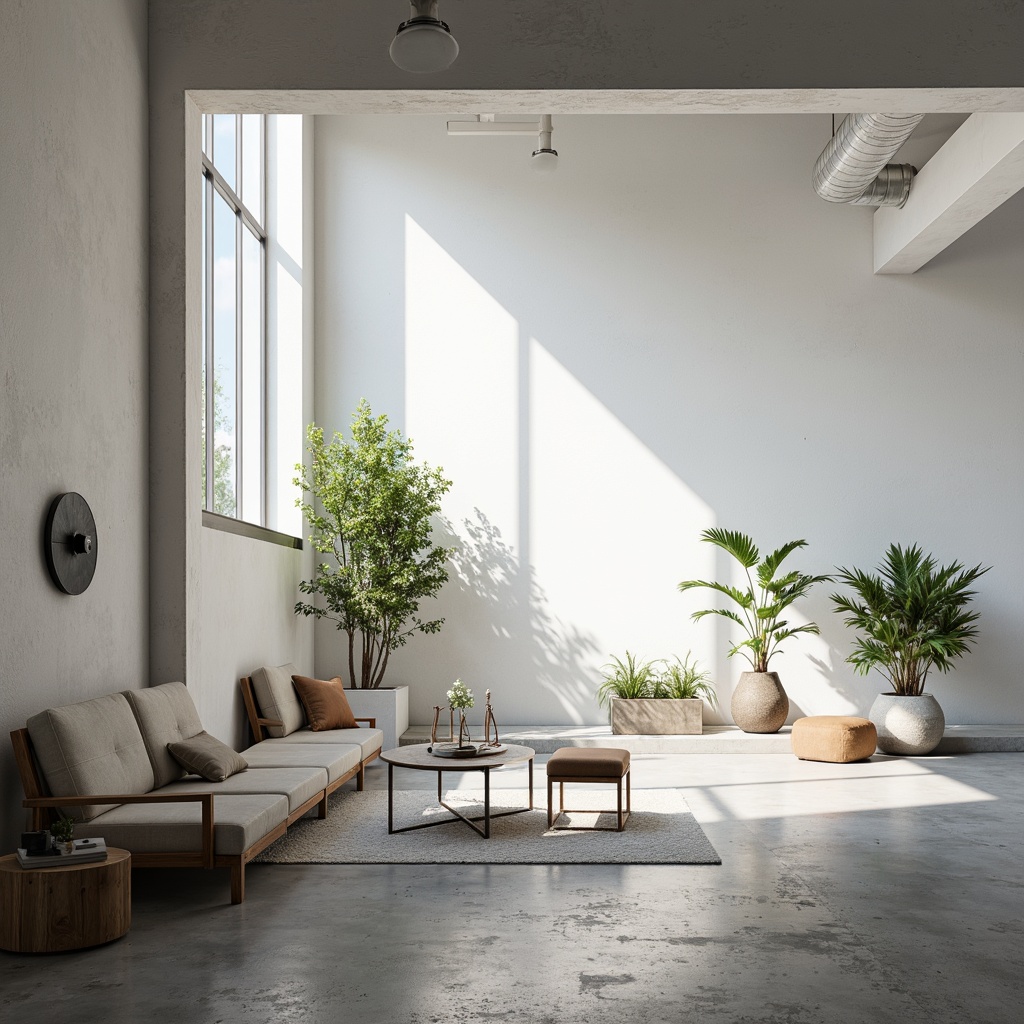 Prompt: Simple white walls, minimal ornamentation, clean lines, open spaces, natural light pouring in, sparse greenery, industrial materials, polished concrete floors, steel beams, functional furniture, monochromatic color scheme, subtle textures, ambient lighting, soft shadows, shallow depth of field, 1/1 composition, cinematic view, realistic renderings, atmospheric perspective.