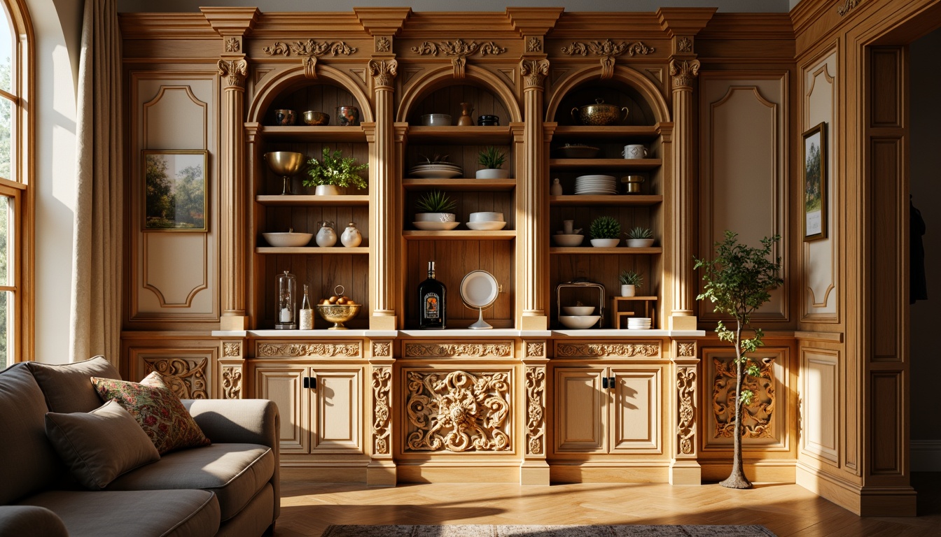 Prompt: Richly ornate pantry cabinetry, Renaissance-inspired carvings, warm golden wood tones, intricate moldings, decorative corbels, elegant pilasters, soft creamy whites, antique brass hardware, ornate metalwork, luxurious velvet textiles, subtle distressing, warm ambient lighting, shallow depth of field, 1/1 composition, realistic textures, ambient occlusion.