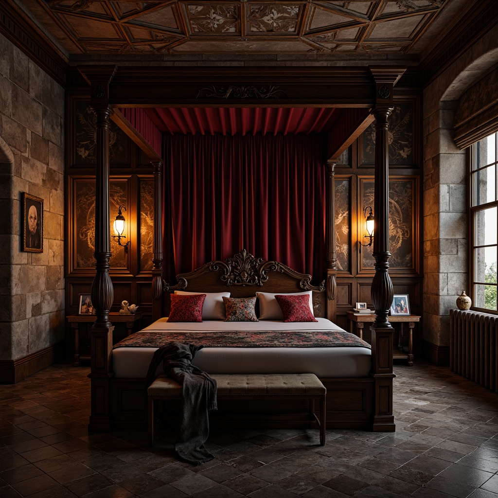 Prompt: Dark mysterious ambiance, rich wood tones, ornate carvings, grandiose four-poster bed, velvet drapes, mystical creatures' patterns, eerie lanterns, ancient tomes, mysterious artifacts, stone walls, dim warm lighting, cinematic shadows, 1/1 composition, atmospheric perspective, realistic textures, subtle animations.