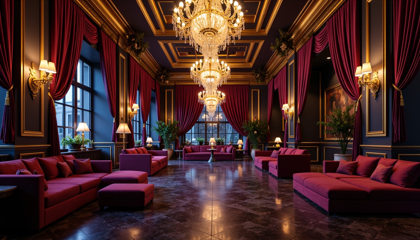 Prompt: Luxurious velvet drapes, ornate golden frames, lavish crystal chandeliers, rich mahogany wood accents, plush crimson red sofas, intricate marble patterns, mysterious midnight blue walls, shimmering silver leaf details, opulent purple fabrics, dramatic spotlights, soft warm candlelight, 3/4 composition, shallow depth of field, cinematic atmosphere, realistic textures, ambient occlusion.This prompt includes the main subject (nightclub Baroque style), its characteristics (luxurious, ornate, lavish), settings (velvet drapes, golden frames, marble patterns), colors (crimson red, midnight blue, purple, silver), and descriptions of lighting, composition, and atmosphere.