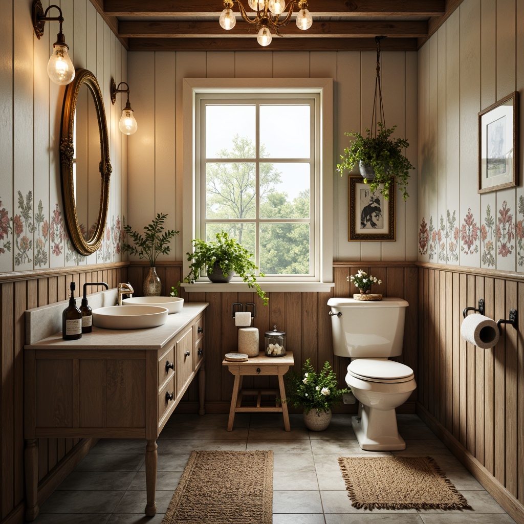 Prompt: Rustic farmhouse powder room, distressed wood accents, vintage metal fixtures, soft warm lighting, floral patterned wallpaper, creamy white countertops, ornate gold mirrors, porcelain sink basins, decorative apothecary jars, lush greenery, natural stone flooring, plush area rugs, elegant crystal chandeliers, feminine vanity stations, antique furniture pieces, soft pastel colors, delicate lace trim, whimsical wall art, romantic ambiance, 1/1 composition, intimate setting.