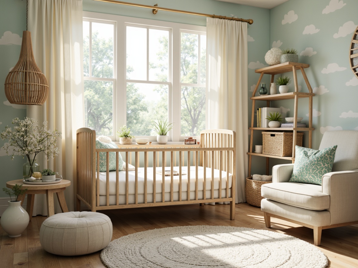 Prompt: Whimsical nursery, soft creamy whites, pale blues, minty greens, warm golden yellows, rich walnut wood tones, intricate florals, flowing curvilinear patterns, ornate metalwork, delicate ceramics, plush velvety textures, dreamy clouds, gentle morning light, shallow depth of field, 1/2 composition, romantic soft focus, realistic fabrics, ambient occlusion.