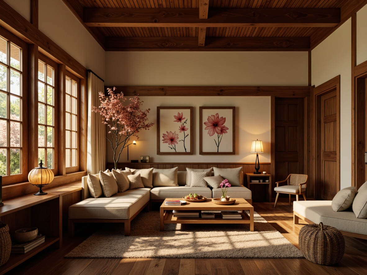 Prompt: Warm Asian-style living room, natural wood accents, soft silk fabrics, intricately carved wooden furniture, subtle paper lanterns, warm golden lighting, table lamps with rice paper shades, floor lamps with woven rattan details, cozy reading nooks, plush area rugs, earthy tone color palette, warm beige walls, rich dark wood floors, delicate cherry blossom patterns, serene ambiance, soft box lighting, 1/2 composition, intimate atmosphere.