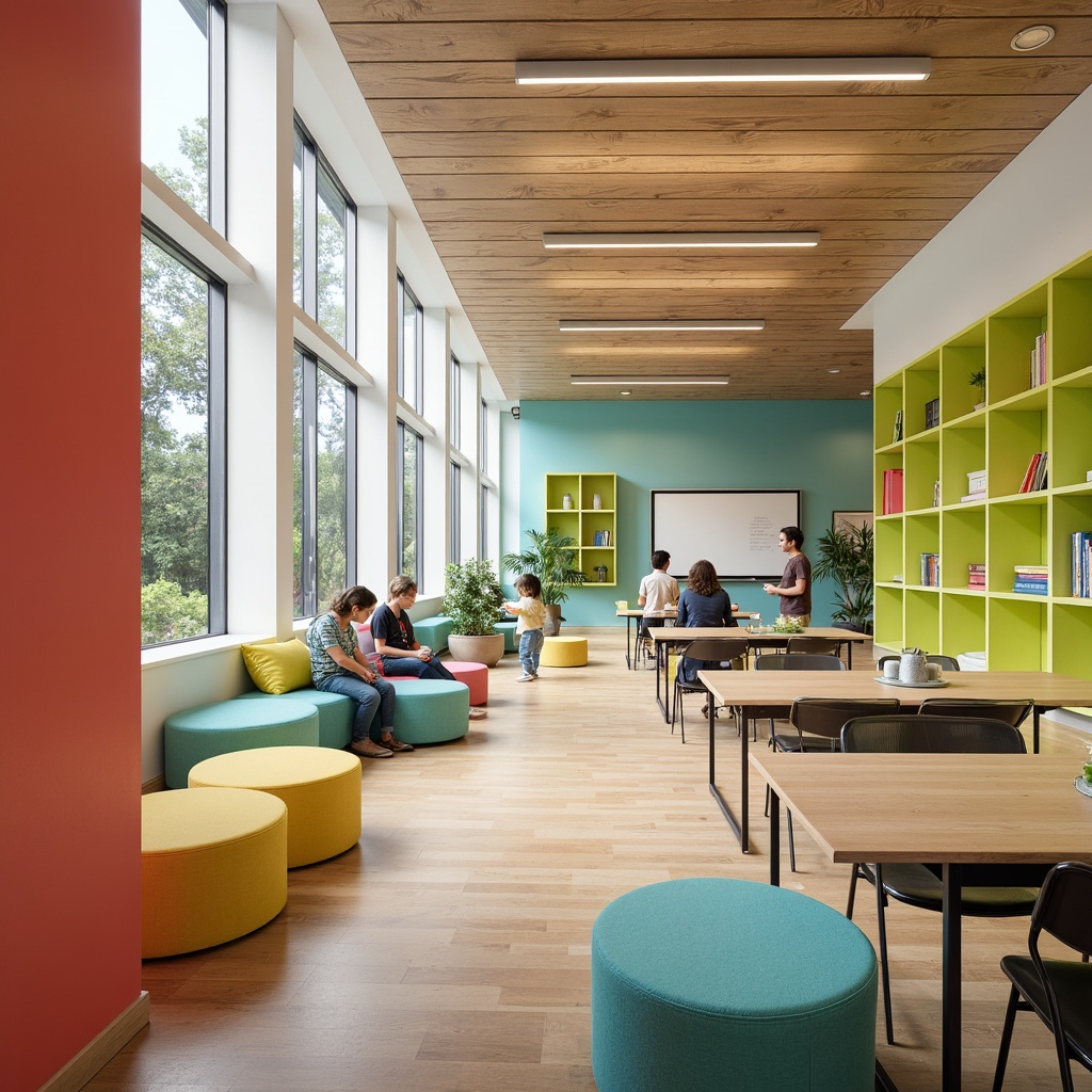 Prompt: Vibrant modern school interior, bold color accents, geometric patterns, minimalistic furniture, sleek metal frames, wooden tables, ergonomic chairs, interactive whiteboards, collaborative learning spaces, cozy reading nooks, natural light pouring, floor-to-ceiling windows, bright coral walls, lime green shelves, yellow ottomans, turquoise accent pillows, warm beige flooring, soft overhead lighting, 1/1 composition, realistic textures, ambient occlusion.