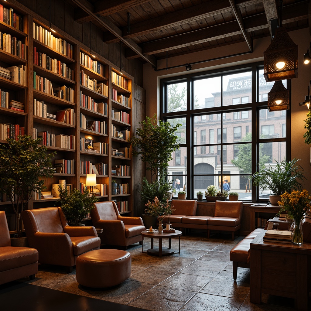 Prompt: Cozy bookstore, warm wooden shelves, vintage book collections, comfortable reading nooks, soft golden lighting, rich leather armchairs, earthy tone walls, natural stone floors, rustic metal accents, aromatic coffee scents, inviting window displays, urban cityscape views, moody rainy day, shallow depth of field, 1/1 composition, realistic textures, ambient occlusion.