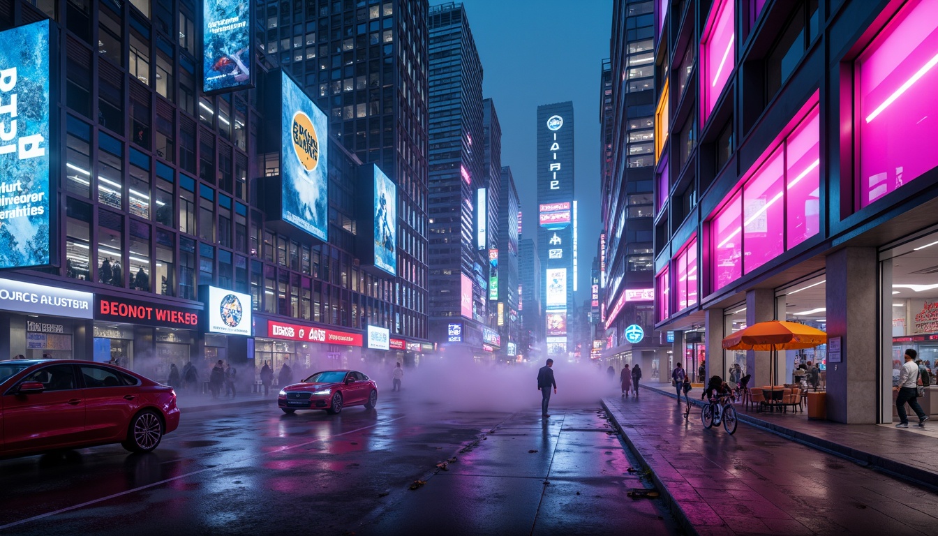 Prompt: Neon-lit cityscape, metallic skyscrapers, holographic advertisements, glowing blue accents, iridescent purple hues, electric green highlights, chrome-plated surfaces, LED strip lighting, futuristic transportation systems, high-tech gadgetry, sleek minimalist interiors, neon-drenched alleys, cyberpunk atmosphere, vibrant pink undertones, radiant orange glows, luminescent white mist, atmospheric fog effects, 3/4 composition, shallow depth of field, cinematic color grading.