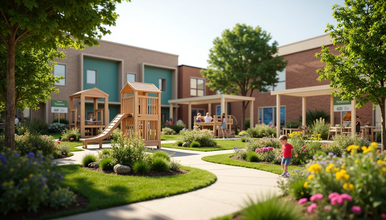 Prompt: Vibrant kindergarten playground, natural wooden climbing frames, soft green turf, colorful flower beds, educational signage, butterfly-friendly gardens, sensory play areas, nature-inspired murals, eco-friendly outdoor furniture, shaded pergolas, sunny day, warm gentle lighting, shallow depth of field, 1/1 composition, realistic textures, ambient occlusion.