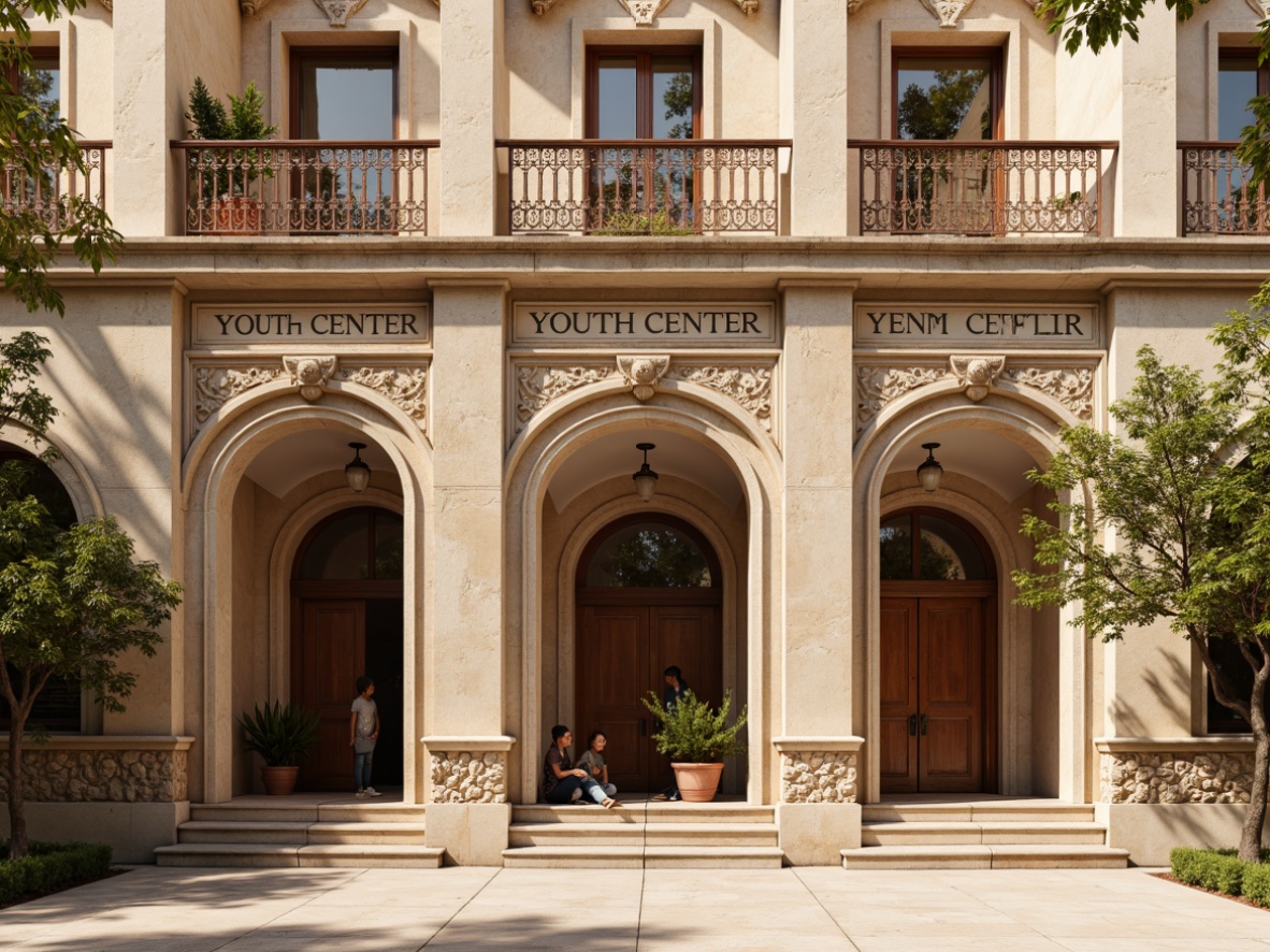 Prompt: Youth center facade, classicism architecture style, ornate columns, carved stone walls, rusticated base, arched windows, balconies with intricate metalwork, textured stucco surfaces, warm beige color scheme, grand entrance with wooden doors, polished marble floors, soft warm lighting, shallow depth of field, 1/2 composition, realistic textures, ambient occlusion.