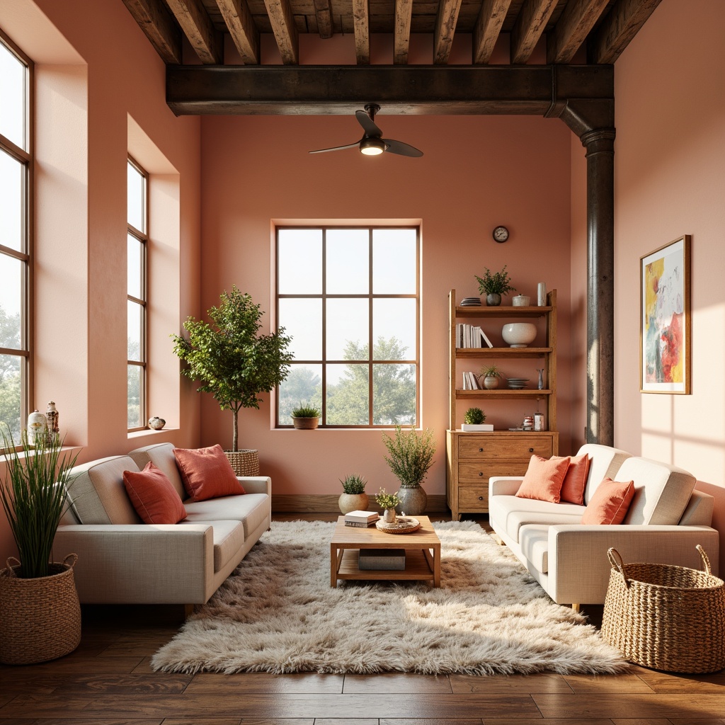 Prompt: Cozy loft interior, embracing peach color scheme, warm beige walls, soft cream furniture, rustic wooden accents, plush area rugs, vibrant coral decorative pillows, natural woven baskets, industrial metal beams, reclaimed wood shelving, oversized windows, abundant natural light, airy open space, minimalist decor, modern chic aesthetic, relaxed ambient atmosphere, warm golden lighting, shallow depth of field, 1/1 composition, realistic textures.