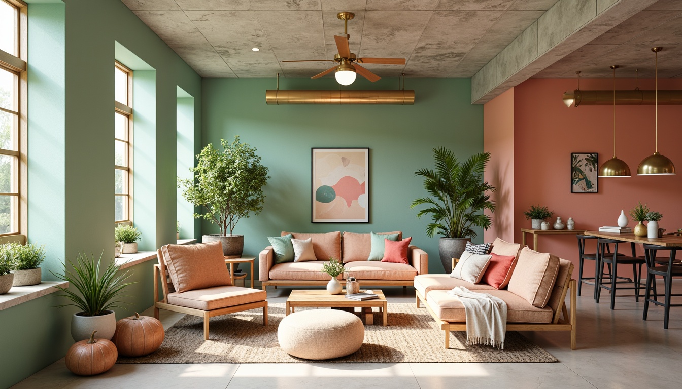 Prompt: Vibrant modern interior design, pastel color scheme, soft peach tones, calming mint green walls, rich charcoal grey accents, metallic gold fixtures, natural wood textures, eclectic furniture pieces, bohemian-inspired decor, abundant natural light, airy open space, creative freedom, artistic expression, warm inviting atmosphere, 3/4 composition, shallow depth of field, realistic rendering.