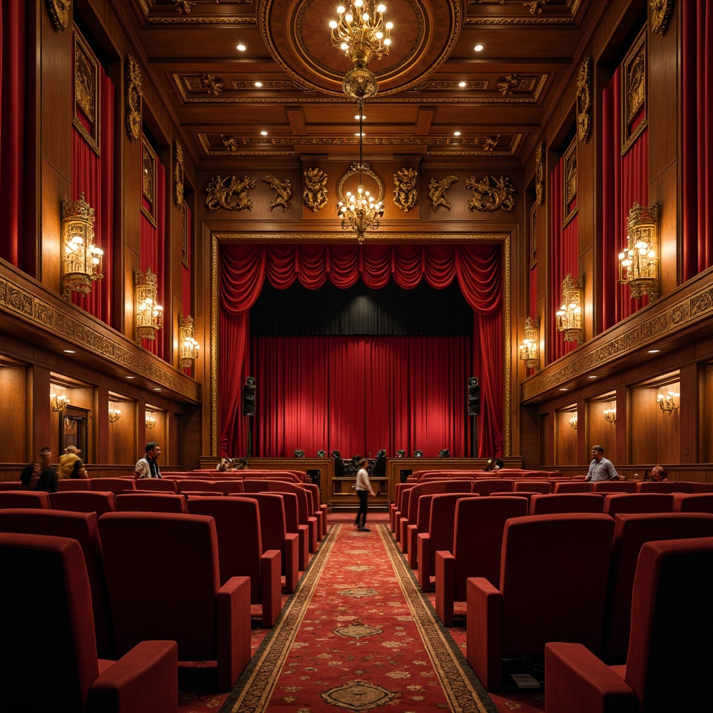 Prompt: Luxurious theater interior, rich wood accents, sound-absorbing acoustic panels, plush velvet seats, ornate golden details, dramatic stage lighting, grandiose chandeliers, opulent red curtains, sophisticated audio equipment, sleek modern architecture, high ceilings, minimalist decor, warm ambient glow, soft focus photography, shallow depth of field, 1/2 composition, realistic textures, subtle gradient maps.