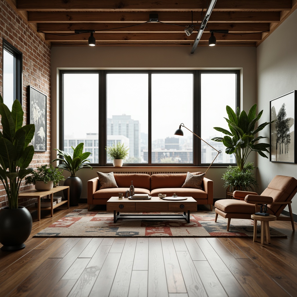 Prompt: Mid-century modern living room, comfortable velvet sofa, wooden coffee table, geometric patterned rug, floor-to-ceiling windows, natural oak flooring, minimalist decor, industrial metal lighting fixtures, lush green potted plants, soft warm ambiance, cinematic 1-point perspective, shallow depth of field, realistic textures, ambient occlusion.