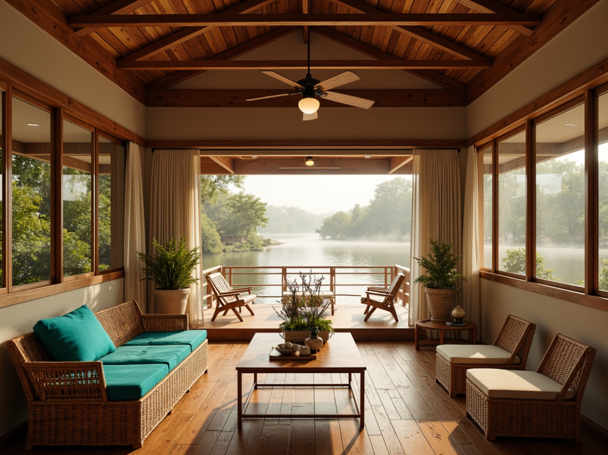 Prompt: Warm boathouse interior, rich wood tones, natural materials, woven bamboo furniture, vibrant turquoise accents, calming beige walls, soft golden lighting, elegant Asian-inspired decor, minimal ornamentation, serene water views, lush greenery surroundings, misty morning atmosphere, shallow depth of field, 1/1 composition, realistic textures, ambient occlusion.