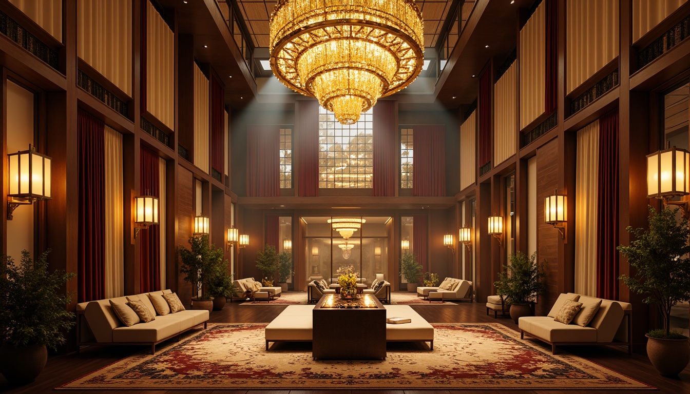 Prompt: Elegant chandelier, ornate metalwork, warm golden lighting, luxurious ambiance, grand high ceiling, opulent furnishings, lavish decorations, rich velvet drapes, intricately patterned rugs, sophisticated color palette, dramatic floor-to-ceiling curtains, modern minimalistic decor, sleek lines, industrial chic aesthetic, reclaimed wood accents, pendant lamps, soft warm glow, atmospheric fog effect, cinematic lighting, 1/2 composition, shallow depth of field.