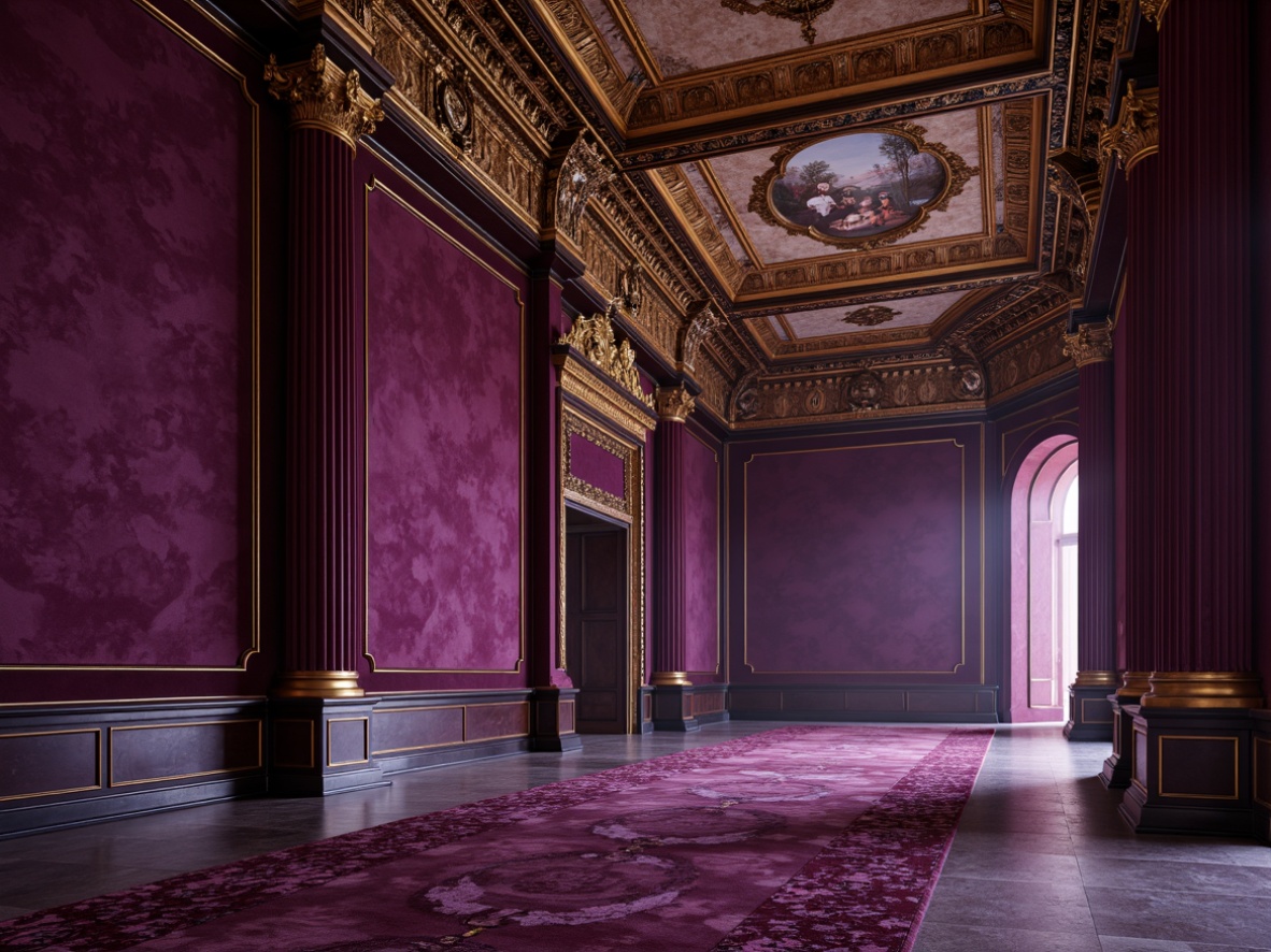 Prompt: Richly ornamented walls, luxurious velvet textures, soft warm lighting, subtle shadowing, 3D rendered surfaces, high-contrast color schemes, dramatic architectural details, grandiose columnar structures, opulent marble finishes, intricate molding patterns, lavish gold accents, ornate fresco ceilings, regal purple hues, mysterious dark tones, ambient occlusion, cinematic composition, hyper-realistic rendering.