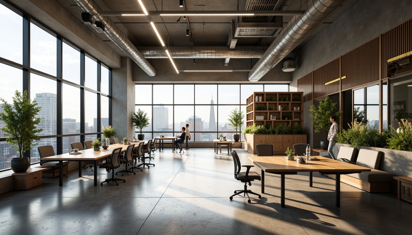 Prompt: Modern office interior, minimalist decor, sleek wooden desks, ergonomic chairs, plenty of natural light, floor-to-ceiling windows, urban cityscape views, collaborative workspaces, acoustic panels, soundproofing systems, modular shelving units, industrial-chic metal accents, polished concrete floors, green walls, living plants, airy atmosphere, warm color scheme, task-oriented lighting, flexible layouts, dynamic furniture arrangements, technology-integrated workstations, high-speed internet connectivity, advanced audiovisual equipment, interactive whiteboards, comfortable lounge areas, refreshment stations, panoramic city views, realistic textures, ambient occlusion.