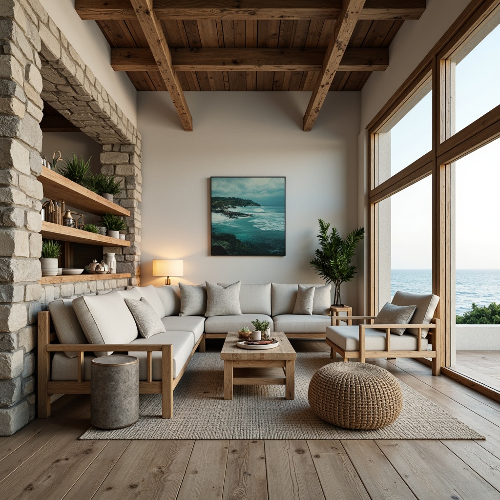 Prompt: Driftwood accents, sea-weathered wooden floors, rough-hewn stone walls, ocean-inspired color palette, soft sandy beige tones, calming turquoise hues, natural linen fabrics, woven rattan furniture, coastal-themed artwork, distressed metal decor, reclaimed wood shelving, nautical rope details, plush area rugs, warm candlelight, cozy reading nooks, large windows with ocean views, 1/2 composition, soft focus, realistic textures, ambient occlusion.