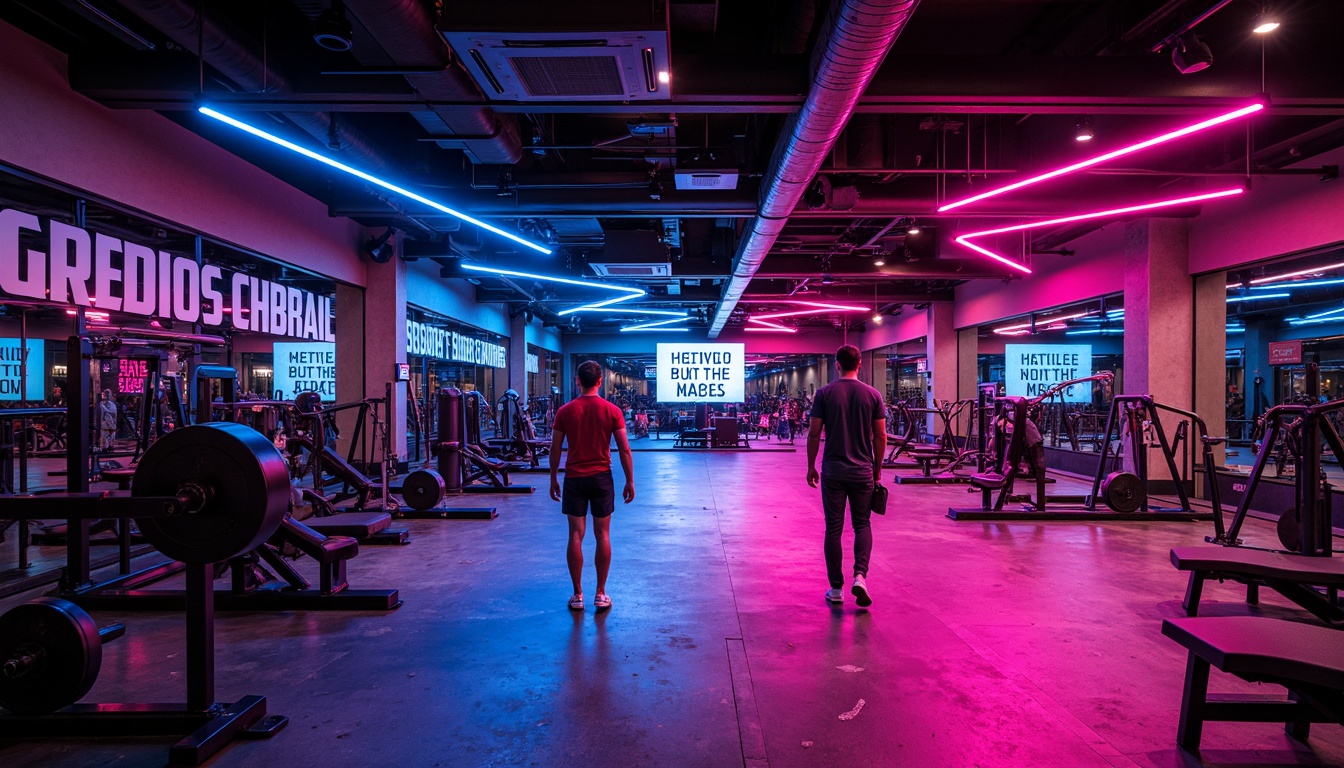 Prompt: Vibrant fitness club, dynamic lighting scheme, high-intensity workout areas, dark accents, neon-colored strips, strobe lights, energetic ambiance, motivational quotes, sleek metal equipment, mirrored walls, polished concrete floors, modern industrial design, suspended LED lights, color-changing ceiling lights, dramatic shadows, contrast lighting, 3/4 composition, shallow depth of field, realistic textures, ambient occlusion.