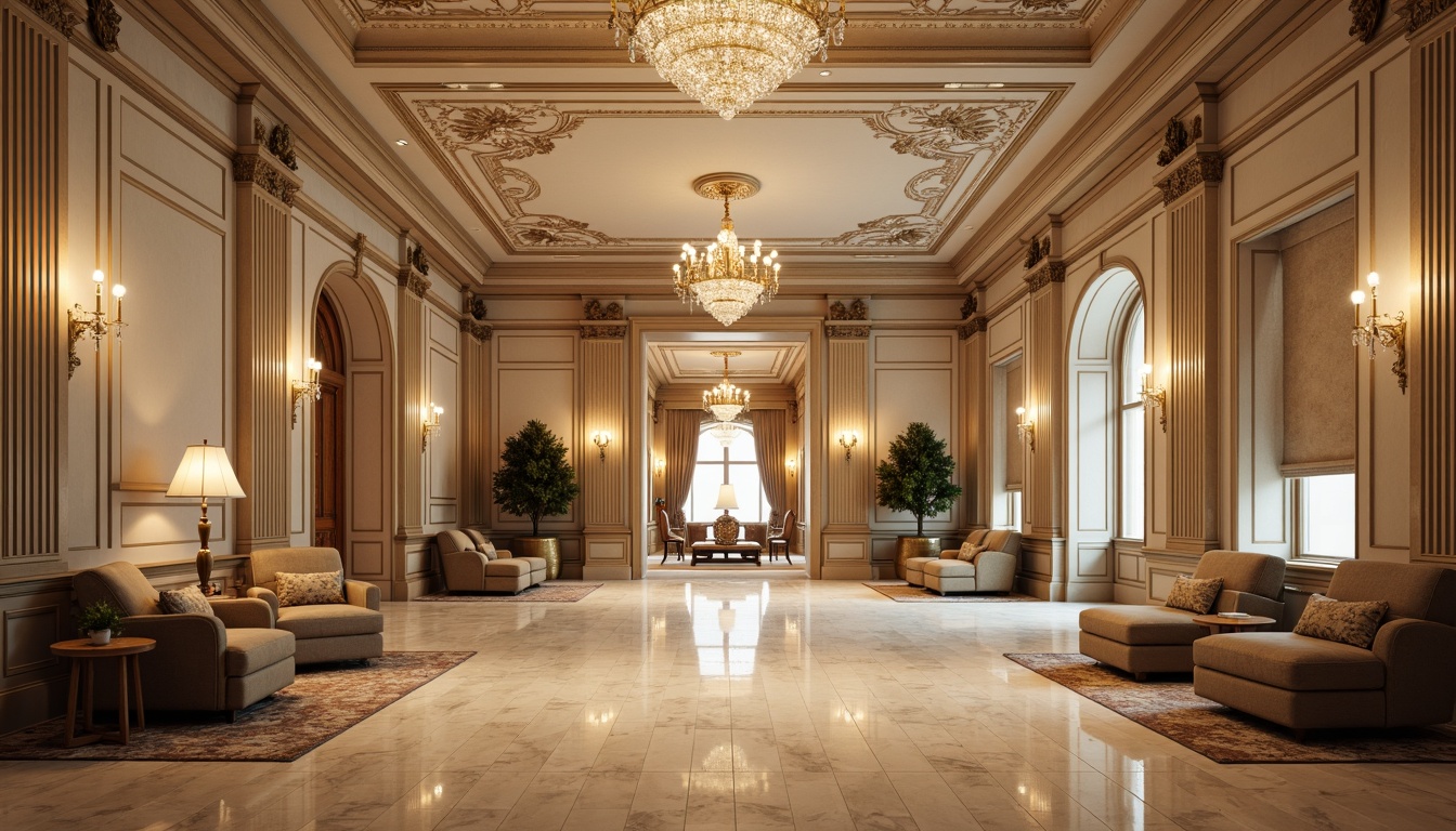 Prompt: Elegant neoclassical interior, ornate molding details, intricate ceiling patterns, luxurious chandeliers, polished marble floors, rich wood paneling, sophisticated furniture designs, velvet upholstery, crystal accessories, grand scale proportions, symmetrical compositions, subtle lighting effects, warm beige color palette, subtle gold accents, refined textures, high-end materials, elaborate architectural elements, ornamental fixtures, precise craftsmanship, harmonious balance, 1/2 composition, softbox lighting, ambient occlusion.