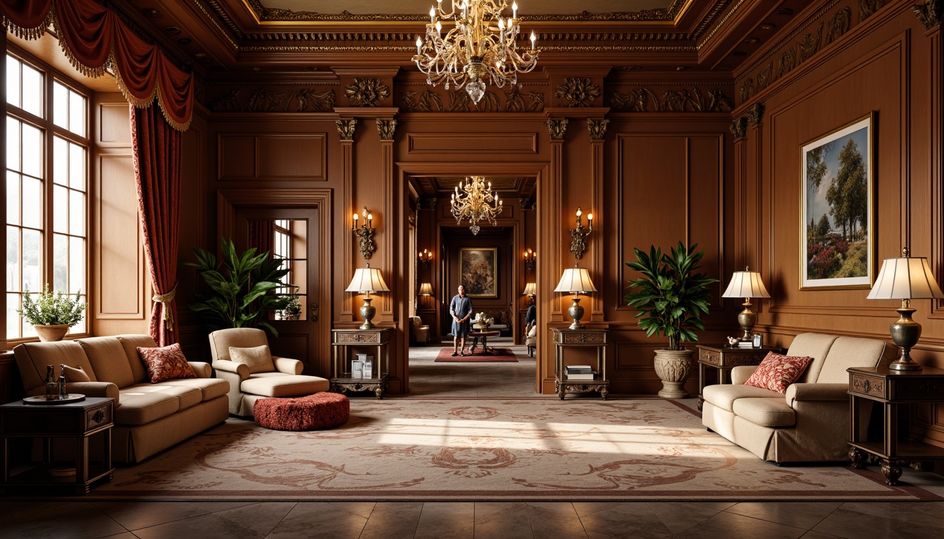 Prompt: Elegant mansion, ornate furnishings, luxurious fabrics, rich wood tones, intricately carved decorations, symmetrical compositions, refined neoclassical architecture, grand chandeliers, velvet drapes, antique vases, marble floors, golden accents, subtle lighting, warm color palette, 1/1 composition, shallow depth of field, realistic textures, ambient occlusion.