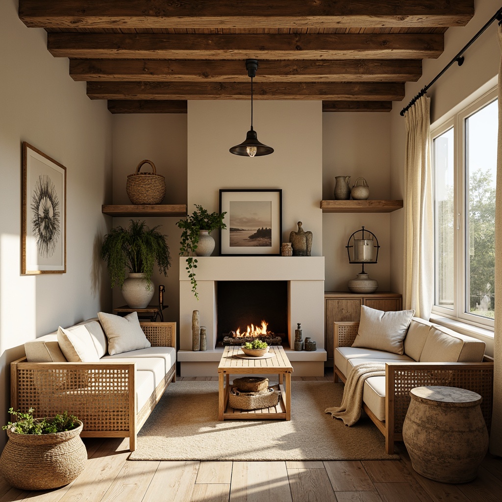 Prompt: Rustic farmhouse interior, earthy color palette, warm beige walls, distressed wood accents, vintage metal decor, soft creamy whites, mossy greenery, natural linen textiles, woven baskets, reclaimed wooden beams, antique furniture pieces, cozy throw blankets, warm candle lighting, soft morning sunlight, shallow depth of field, 1/1 composition, realistic textures, ambient occlusion.