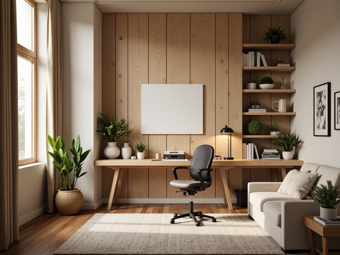 Prompt: Cozy home office, sound-absorbing acoustic panels, wooden desk, ergonomic chair, natural light, minimalist decor, calm atmosphere, noise-reducing curtains, soft carpet flooring, warm beige walls, modern minimalist shelving, decorative plants, subtle ambient lighting, shallow depth of field, 1/1 composition, realistic textures.