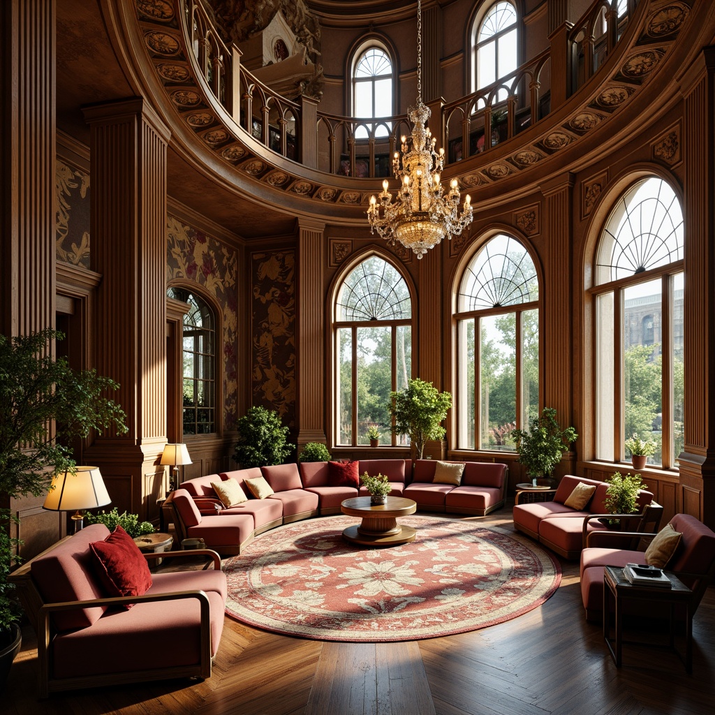 Prompt: Curved lines, organic forms, flowing ornaments, luxurious materials, velvet upholstery, polished wood, intricate carvings, stained glass details, sinuous shapes, botanical motifs, whimsical patterns, ornate metalwork, lavish chandeliers, rich textiles, soft warm lighting, shallow depth of field, 3/4 composition, panoramic view, realistic textures, ambient occlusion, elegant offices, Art Nouveau architecture, high ceilings, large windows, natural light, wooden floors, comfortable seating areas.