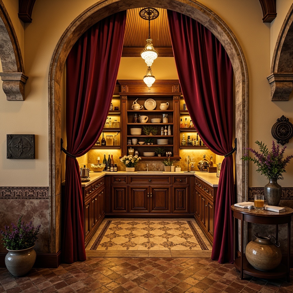 Prompt: Rustic pantry, warm golden lighting, ornate wooden cabinetry, distressed stone walls, vintage metal accents, elegant archways, rich velvet drapes, antique ceramic tiles, decorative frescoes, classic ornamental moldings, soft beige stucco, worn brick textures, medieval-inspired hardware, luxurious crystal chandeliers, dramatic floor-to-ceiling curtains, 1/1 composition, warm color palette, high contrast lighting.