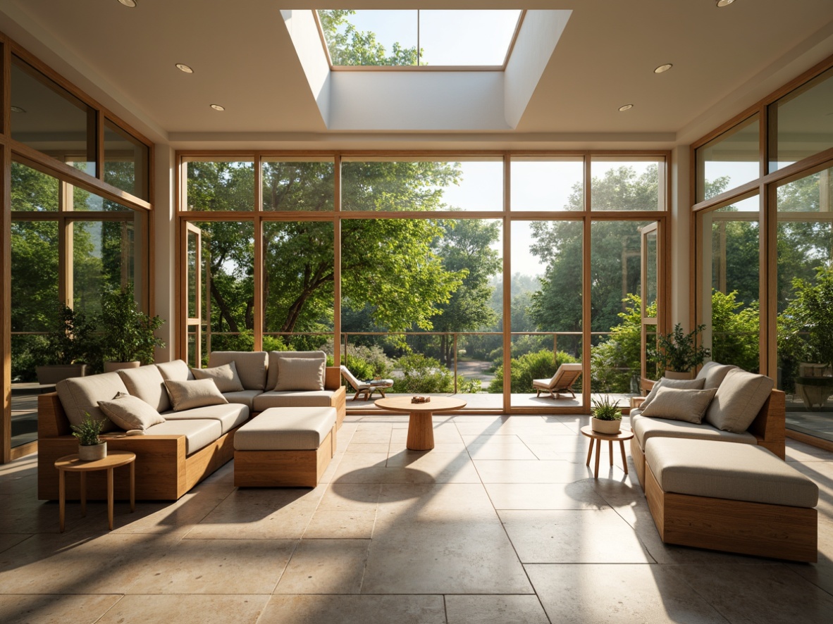 Prompt: Vibrant living room, floor-to-ceiling windows, transparent glass doors, natural stone flooring, minimalist decor, soft warm lighting, morning sunlight, indirect illumination, clerestory windows, skylights, reflective surfaces, bright color palette, airy atmosphere, greenery views, botanical elements, organic textures, nature-inspired patterns, earthy tone furniture, wooden accents, modern architecture, sustainable design, eco-friendly materials, subtle shading, 3/4 composition, shallow depth of field.