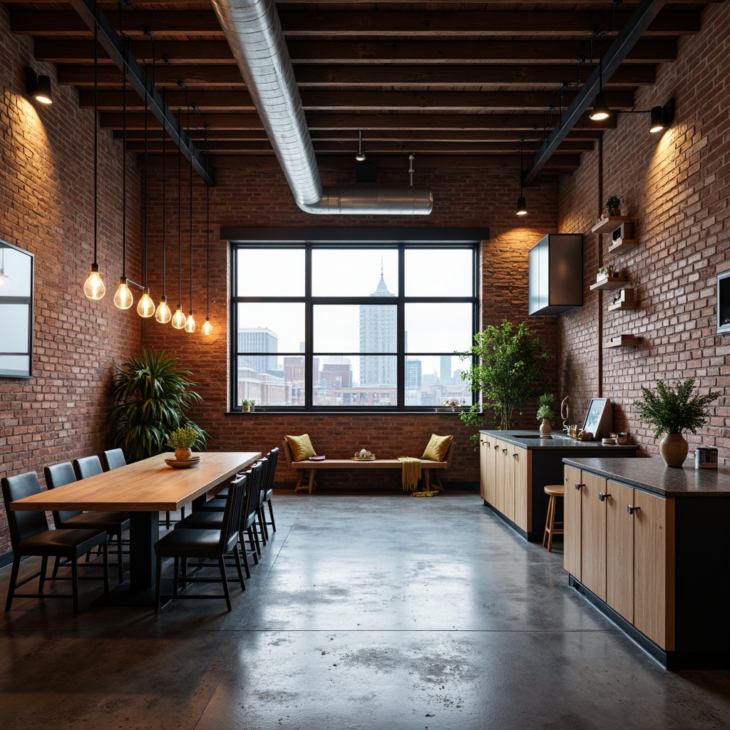 Prompt: Exposed brick walls, industrial chic aesthetic, reclaimed wood accents, polished concrete floors, metal beams, urban loft atmosphere, minimalist decor, functional lighting fixtures, Edison bulbs, steel windows, modern industrial architecture, urban cityscape views, cloudy day, high contrast lighting, shallow depth of field, 1/2 composition, realistic textures, ambient occlusion.