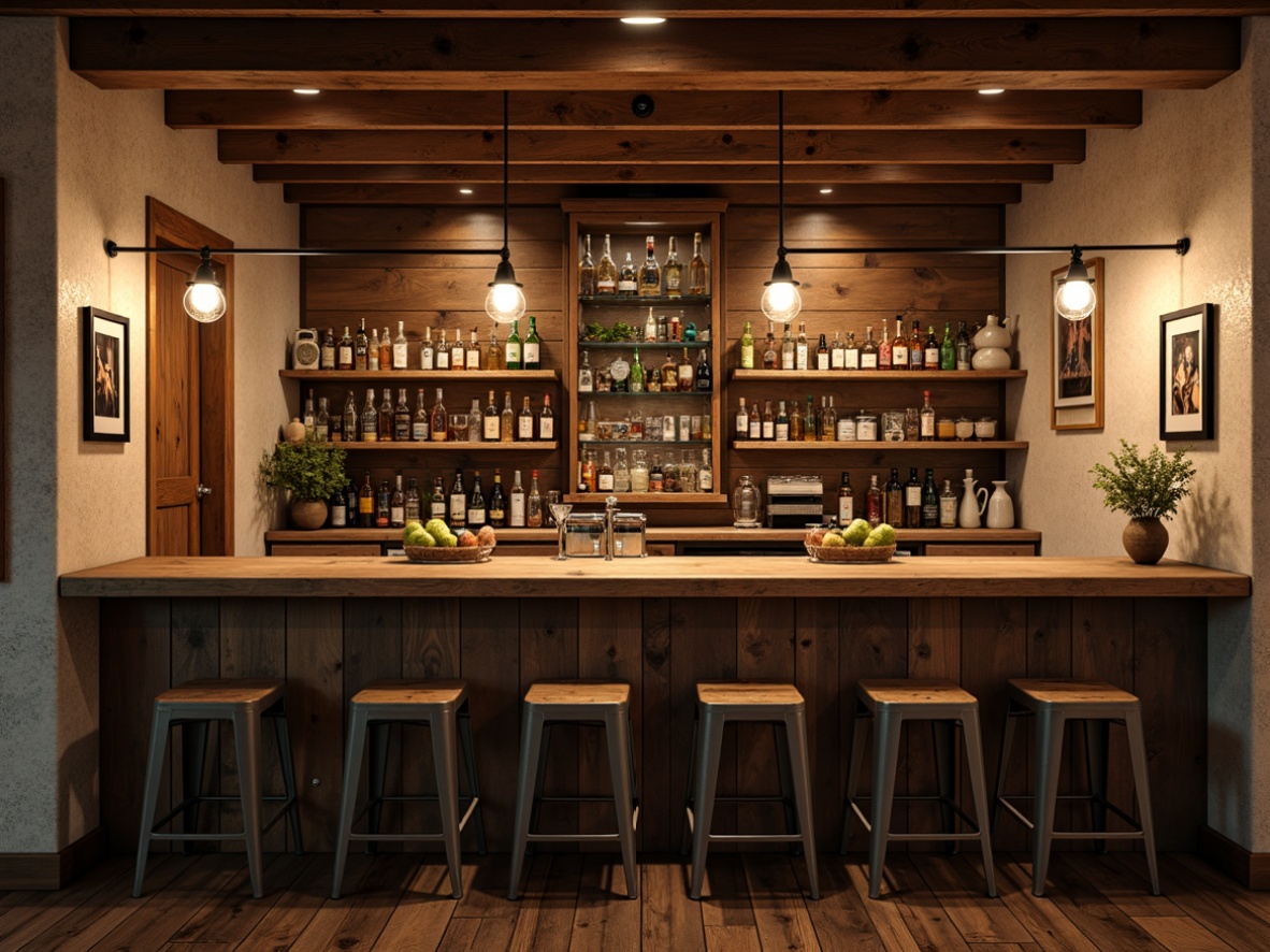 Prompt: Cozy farmhouse home bar, rustic wooden countertops, vintage metal stools, warm earthy tones, pendant lanterns, industrial-chic lighting, Edison bulb fixtures, reclaimed wood accents, natural stone walls, soft warm glow, intimate ambiance, 3/4 composition, shallow depth of field, realistic textures, ambient occlusion.