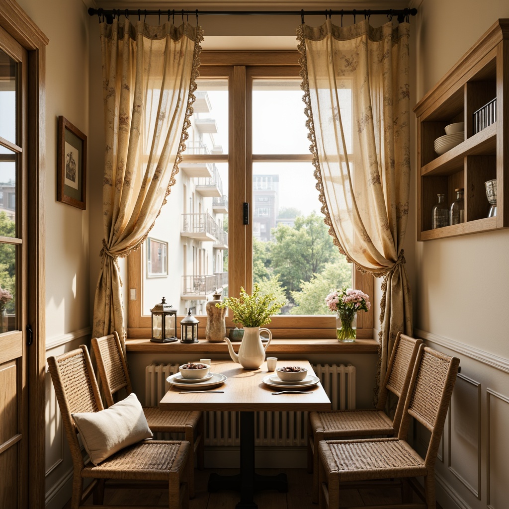 Prompt: Cozy breakfast nook, soft warm lighting, vintage metal lanterns, distressed wood accents, cream-colored walls, rustic wooden tables, woven wicker chairs, floral patterned curtains, lace trim details, delicate china cabinets, ornate metal door handles, natural linen fabrics, warm beige tones, morning sunlight, gentle shadows, shallow depth of field, 1/2 composition, realistic textures, ambient occlusion.