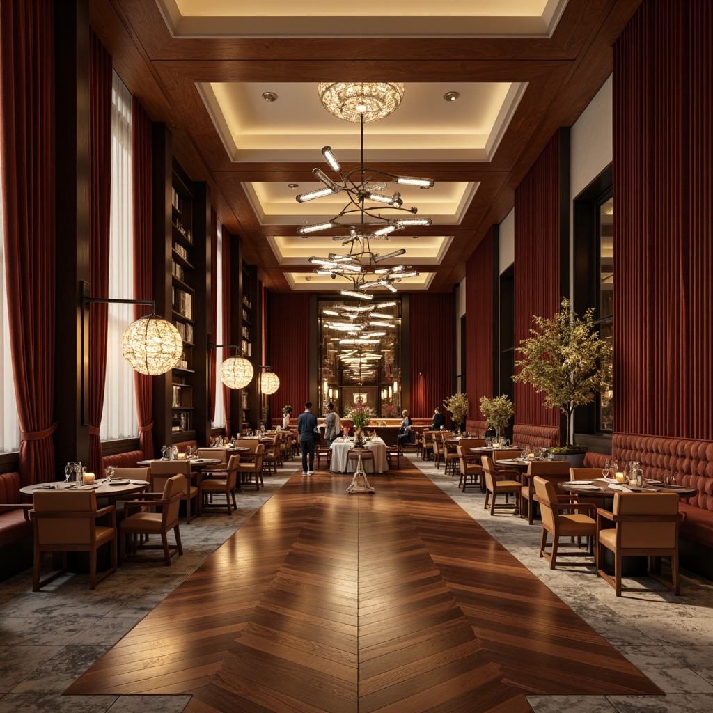 Prompt: Modern dining hall, sleek linear chandeliers, warm ambient lighting, minimalist pendant lights, polished chrome fixtures, sophisticated crystal drops, elegant cove ceilings, luxurious velvet drapes, rich wood tones, refined marble floors, spacious open layouts, dramatic high ceilings, soft diffused light, 1/2 composition, atmospheric glow, realistic reflections, subtle color temperature.