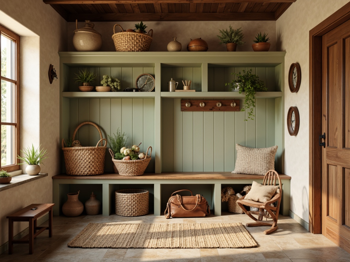 Prompt: Cozy mudroom, natural earthy tones, warm beige walls, rich brown wood accents, soft sage green furniture, distressed leather benches, woven wicker baskets, vintage metal decor, rustic stone floors, earthy terracotta pottery, warm golden lighting, shallow depth of field, 3/4 composition, realistic textures, ambient occlusion.