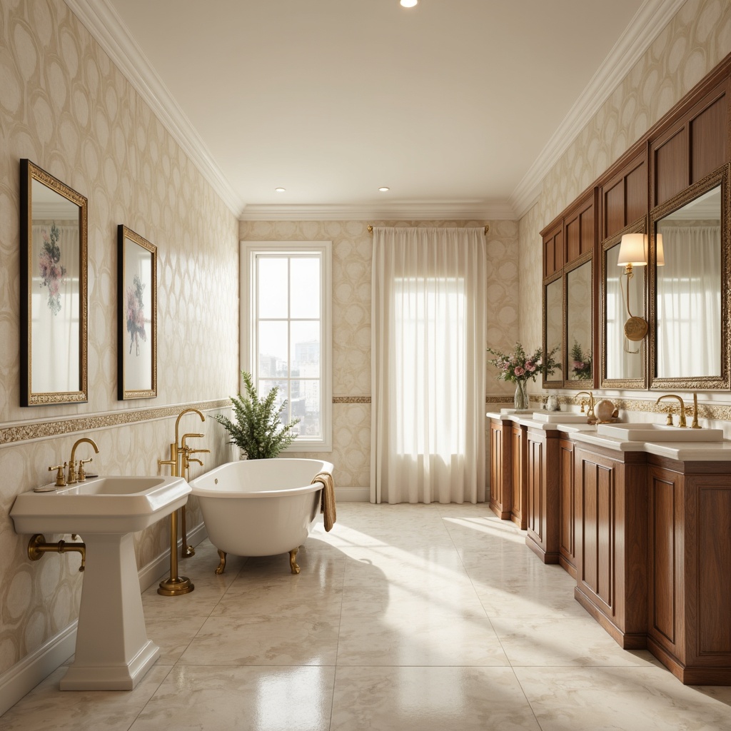 Prompt: Soft creamy whites, warm beige tones, elegant marble textures, ornate gold fixtures, classic pedestal sinks, freestanding tubs, subtle Victorian patterns, rich walnut cabinetry, calming soft lighting, warm ambient glow, shallow depth of field, 1/1 composition, realistic reflections, subtle chromatic aberration.