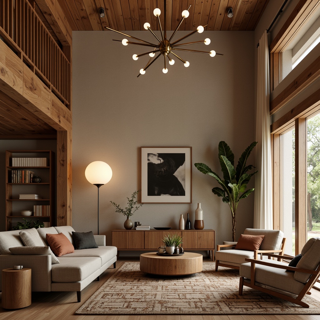 Prompt: Warm and inviting living room, mid-century modern decor, sleek wooden furniture, organic shapes, earthy tone color palette, natural textiles, geometric patterned rugs, statement lighting fixtures, sputnik chandeliers, globe pendants, table lamps with sculptural shapes, floor lamps with slim profiles, warm white light bulbs, soft ambient glow, subtle shadows, 1/1 composition, realistic rendering, high dynamic range.