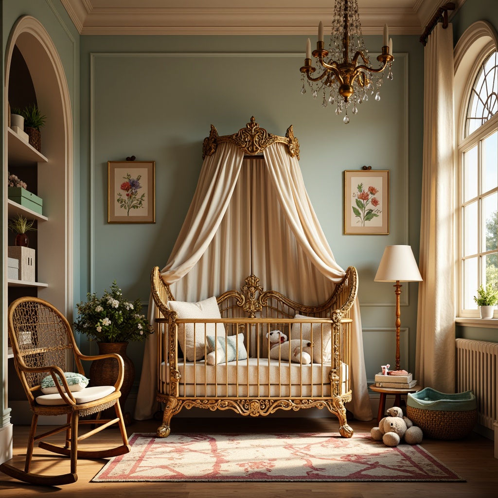 Prompt: Whimsical baby nursery, intricately carved wooden crib, ornate metalwork, sinuous lines, flowing curves, delicate florals, soft pastel colors, velvety fabrics, plush toys, wicker rocking chair, curved banister, stained glass windows, warm golden lighting, shallow depth of field, 1/2 composition, vintage distressed textures, elegant ambient occlusion.