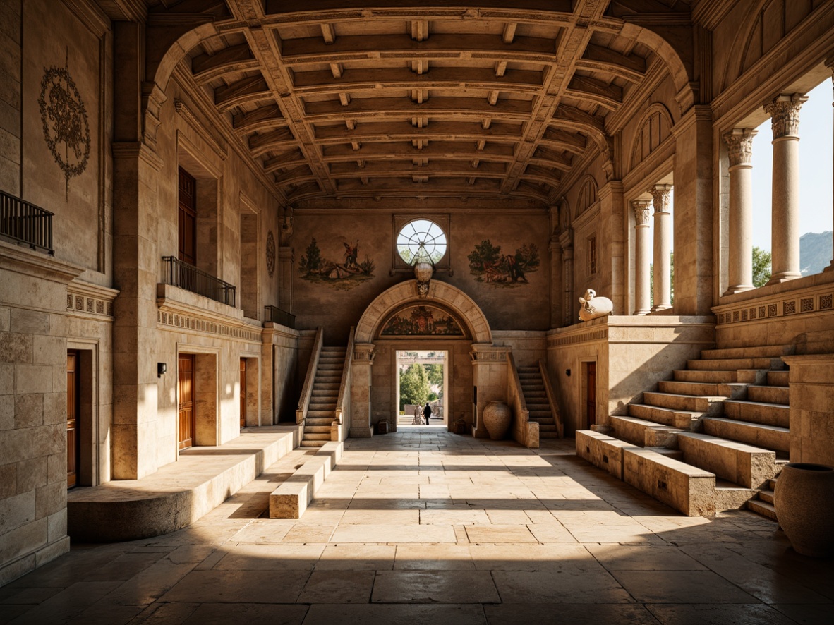 Prompt: Ancient Greek amphitheater, tiered seating, ornate stone carvings, rustic arches, columns with Ionic capitals, natural limestone walls, weathered wooden benches, grandiose entranceways, vaulted ceilings, intricate fresco paintings, warm golden lighting, soft ambient echoes, 1/2 composition, shallow depth of field, realistic textures, cinematic color grading.