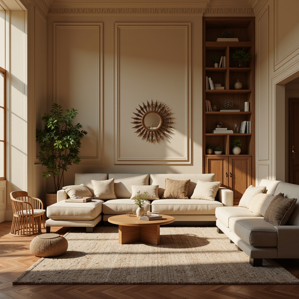 Prompt: Cozy living room, warm beige walls, rich wood accents, plush furniture, soft velvety textiles, calming natural hues, earthy terracotta floors, creamy white trim, golden metal hardware, ambient warm lighting, 1/1 composition, shallow depth of field, realistic textures, atmospheric glow.