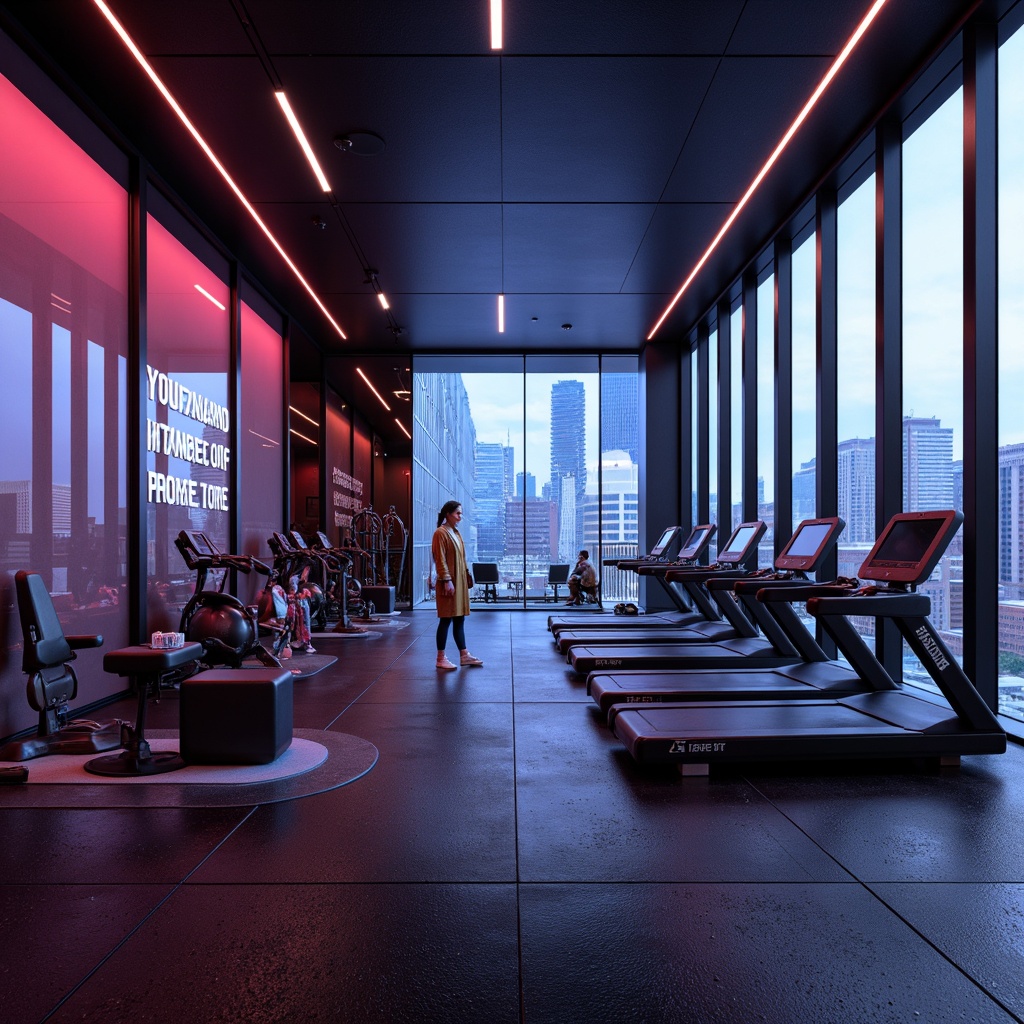 Prompt: Futuristic home gym, sleek metallic equipment, neon-lit ambient lighting, mirrored walls, high-tech fitness machines, ergonomic design, minimalist decor, rubber flooring, motivational quotes, urban cityscape views, floor-to-ceiling windows, avant-garde architecture, bold color schemes, cutting-edge innovation, 3/4 composition, shallow depth of field, realistic textures, ambient occlusion.