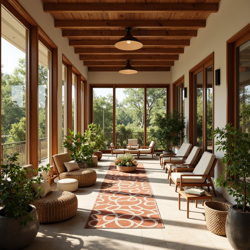 Prompt: Warm sunroom, mid-century modern style, large windows, sliding glass doors, natural wood accents, earthy tone color palette, terracotta red, sage green, sandy beige, creamy white, rich walnut brown, plants with organic shapes, woven rattan furniture, geometric patterned rugs, pendant lamps, minimal ornamentation, abundant natural light, warm soft shadows, shallow depth of field, 1/1 composition, realistic textures, ambient occlusion.