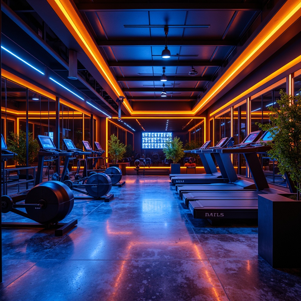 Prompt: Neon-lit home gym, metallic flooring, mirrored walls, futuristic exercise equipment, high-tech sound system, sleek black accents, vibrant neon lights, bold color blocking, electric blue tones, hot orange hues, bright yellow accents, glossy finishes, minimalist decor, industrial-chic aesthetic, urban loft atmosphere, low-key lighting, dramatic shadows, 3/4 composition, cinematic view, realistic reflections, ambient occlusion.