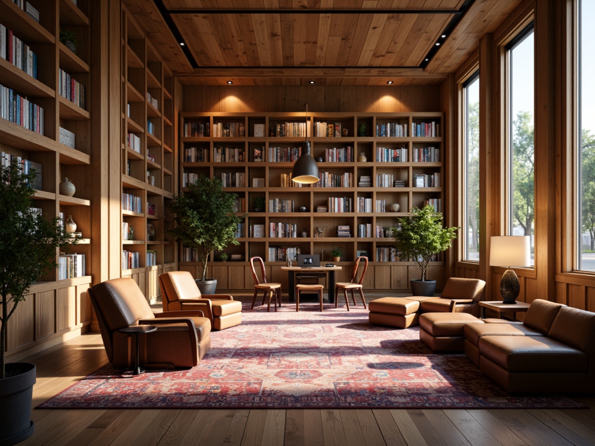 Prompt: Cozy library atmosphere, warm wooden shelves, comfortable reading nooks, soft warm lighting, table lamps, floor lamps, pendant lights, natural light pouring in, large windows, high ceilings, open spaces, minimalist design, modern furniture, leather armchairs, oak wood tables, vibrant book spines, colorful rugs, ambient occlusion, realistic textures, shallow depth of field, 3/4 composition, panoramic view.