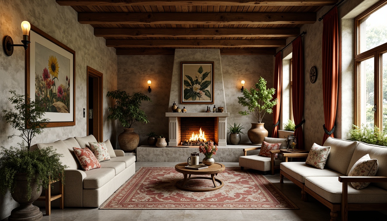 Prompt: Rustic farmhouse, natural stone walls, wooden beams, floral patterns, organic textures, earthy color palette, vintage furniture, distressed finishes, ornate metalwork, botanical motifs, intricate carvings, luxurious fabrics, rich velvet drapes, embroidered linen upholstery, soft candlelight, warm cozy atmosphere, nostalgic ambiance, French Art Nouveau inspiration, flowing curves, whiplash lines, sinuous shapes, elegant proportions, refined rustic charm.