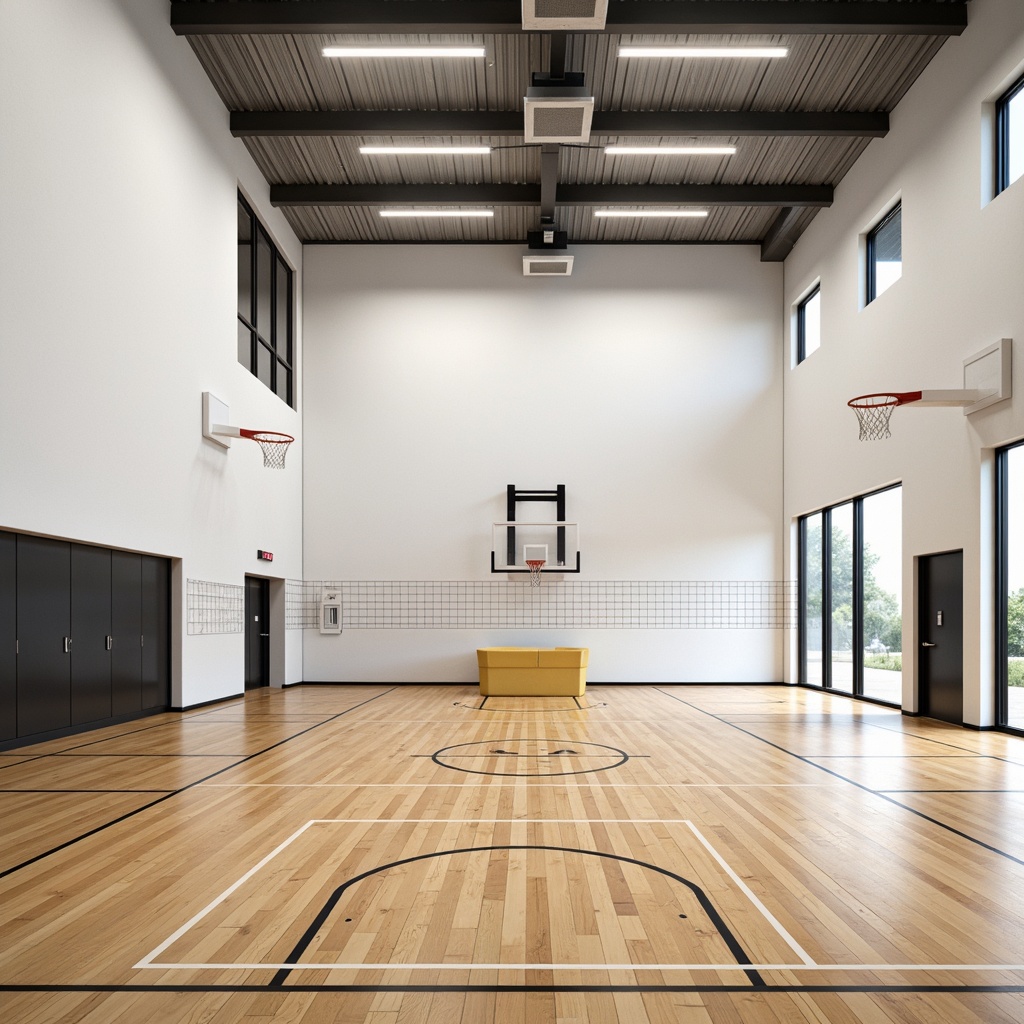 Prompt: Polished wooden floors, white walls, minimal decorations, steel beams, exposed ductwork, industrial-style lighting, modern gym equipment, basketball hoops, volleyball nets, athletic tracks, natural stone accents, matte metal surfaces, simplistic color scheme, abundant natural light, large windows, sliding glass doors, open spaces, airy atmosphere, shallow depth of field, 1/1 composition, realistic textures.