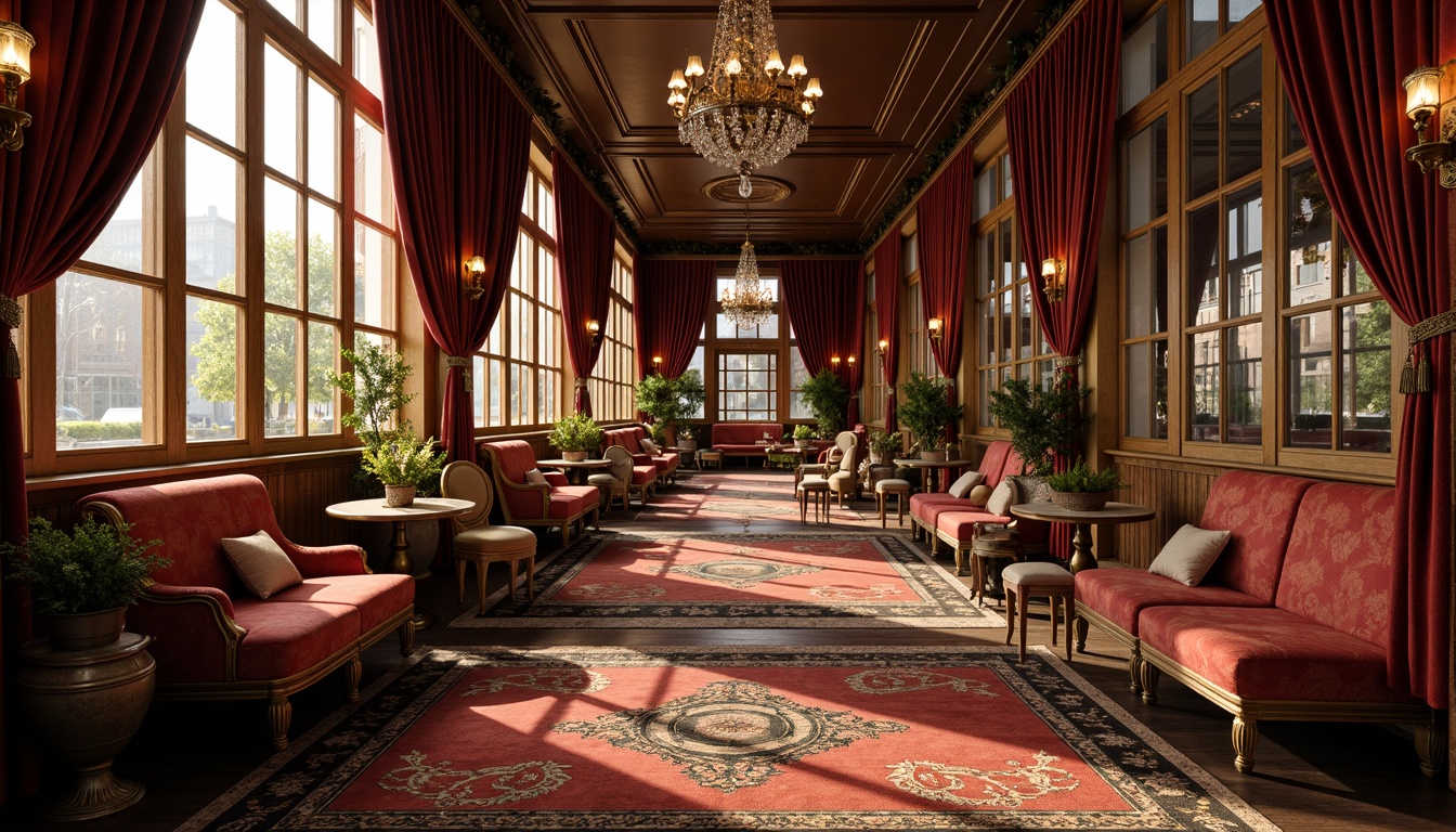 Prompt: Richly ornate baroque coffee shop interior, lavish velvet drapes, intricately patterned rugs, gilded wooden accents, luxurious silk upholstery, antique bronze fixtures, ornamental mirrors, crystal chandeliers, warm golden lighting, soft focus, 1/1 composition, realistic textures, ambient occlusion.