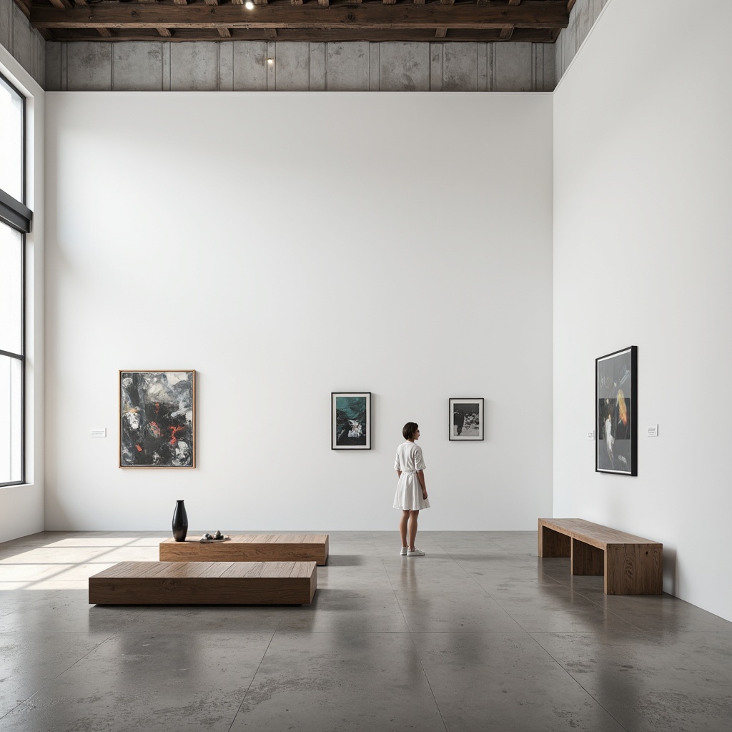 Prompt: White cube gallery space, polished concrete floor, minimalist interior design, modern art displays, abstract paintings, sleek metal frames, spot lighting, neutral color palette, empty walls, sparse furniture, wooden benches, industrial chic atmosphere, natural light pouring in, subtle shadows, 1/1 composition, soft focus, realistic textures, ambient occlusion.