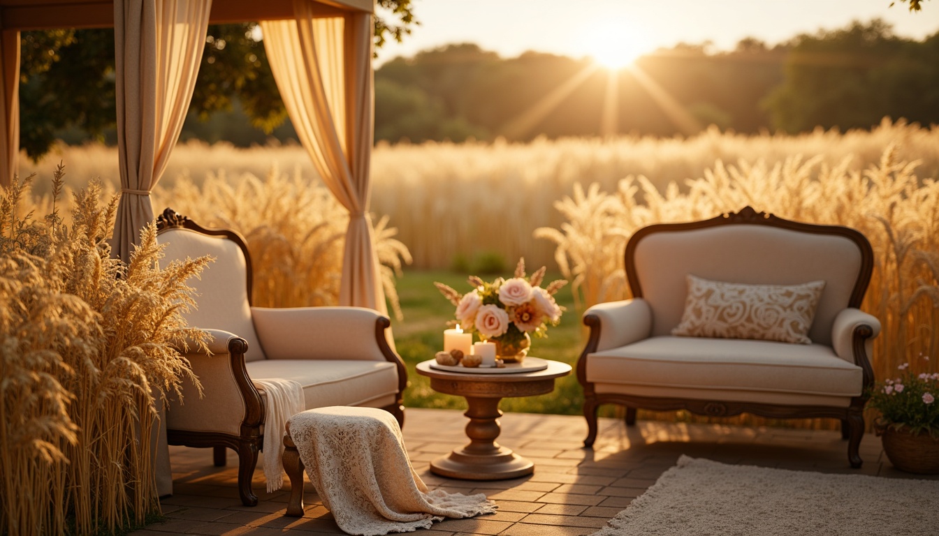 Prompt: Golden wheat fields, soft sunset hues, creamy ivory tones, warm beige accents, rustic wooden textures, ornate gilded details, intricate foliage patterns, delicate lace motifs, subtle shimmer effects, luxurious velvet fabrics, antique bronze hardware, distressed leather upholstery, whimsical floral arrangements, romantic candlelight, warm atmospheric glow, shallow depth of field, 1/1 composition, detailed realistic rendering.